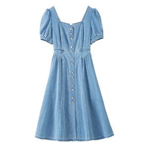
BANANA BABY2025 new denim dress for women retro square collar puff sleeves high waist midi skirt
