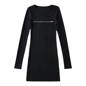 liviahome chest zipper knitted dress for women 2025 autumn and winter new slim fit slim hip A-line short skirt
