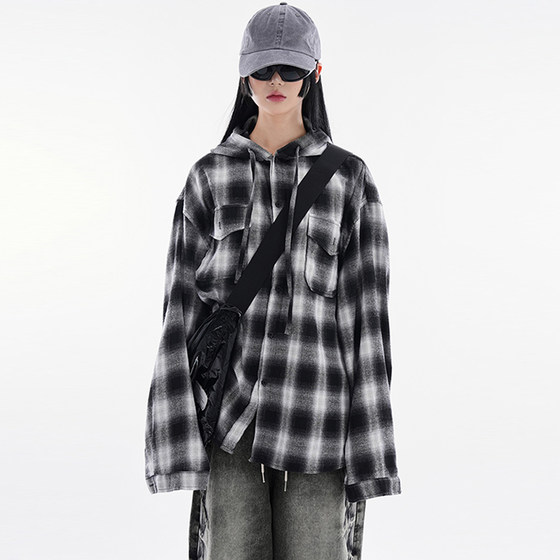 韩代Raucohouse Bingo hooded tartan check shirt 口袋格子衬衫