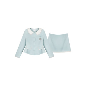 
Annie is not popular. Elegant baby blue woolen jacket and skirt suit for women who are fat and large. Two-piece set for daughter Xiaoxiang