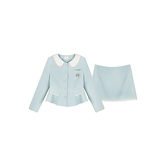 
Annie is not popular. Elegant baby blue woolen jacket and skirt suit for women who are fat and large. Two-piece set for daughter Xiaoxiang