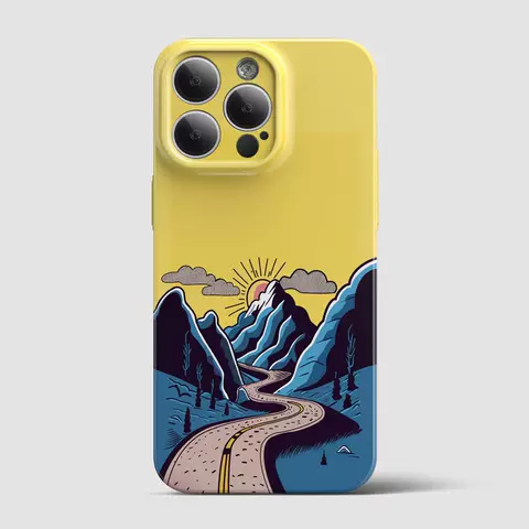 Yellow Mountain Road Sunset Art Landscape Illustration Phone Case for iPhone 17, 16, 15, 14, 13 and 12