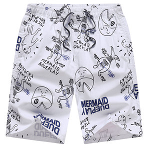 Pure cotton white printed shorts large size men's summer thin beach shorts trendy casual loose five-point pants