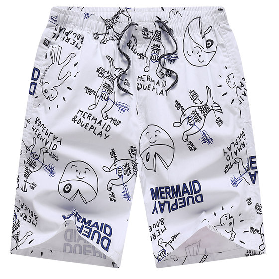 Pure cotton white printed shorts large size men's summer thin beach shorts trendy casual loose five-point pants