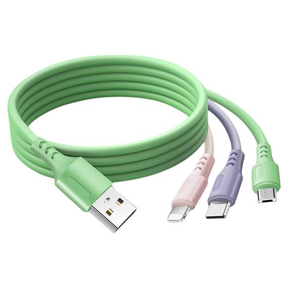 
Data cable three-in-one mobile phone charging cable one-to-three apple liquid soft glue iPhone three-in-one multifunction silicon suitable for Huawei type-c Android fast charging extended USB power supply
