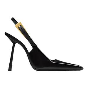 
Pointed toe small gold bar high heels for women 2026 new black patent leather sexy outer wear back empty fashion stiletto sandals