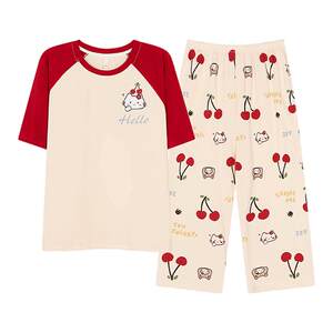 
Card love pajamas women summer 2026 new pure cotton with chest pad short-sleeved red cherry print cropped pants home wear