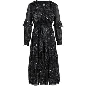 
LANDI black V-neck design starry sky print dress for women high waist floral midi skirt autumn new product
