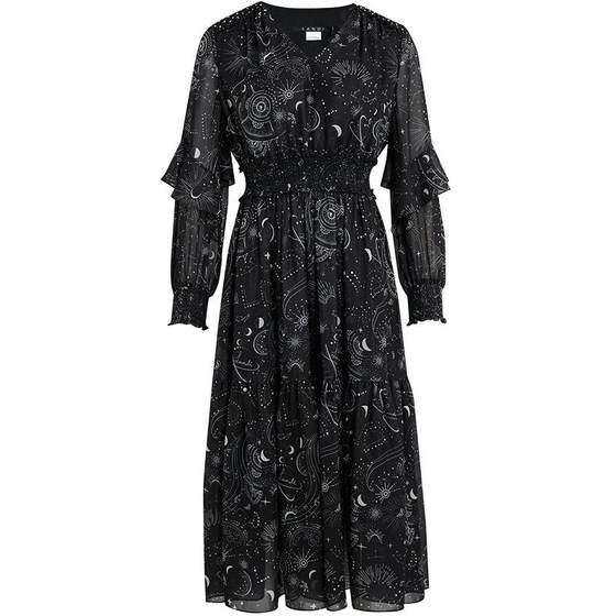 
LANDI black V-neck design starry sky print dress for women high waist floral midi skirt autumn new product