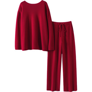 
Autumn and winter segment~Cherry red cashmere sweater women's pure cashmere sweater small one-piece collar top 9-point wide-leg pants suit