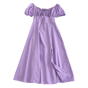 设计感时尚百搭系带褶皱高腰显瘦泡泡袖中长款开叉连衣裙女夏季