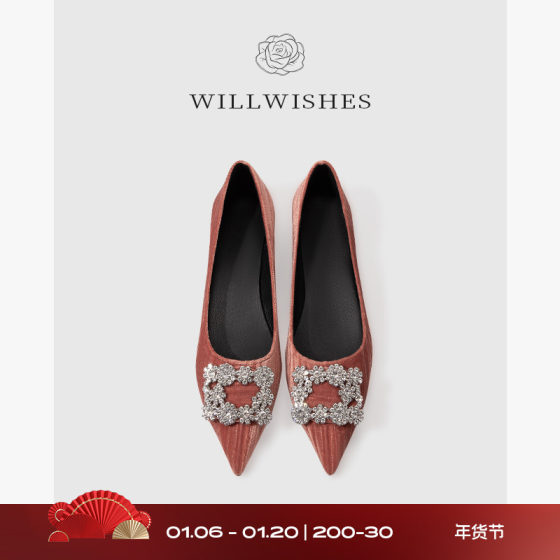 WILLWISHES ເກີບດ່ຽວ rhinestone, ປາຍແຫຼມ, ແບບ ladylike ເກີບແບນຕື້ນສໍາລັບແມ່ຍິງ