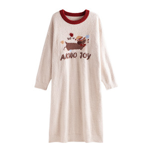 
Nightgown for women, autumn and winter long-sleeved half-velvet home clothes, cute large size long nightgown, winter coral velvet pajamas