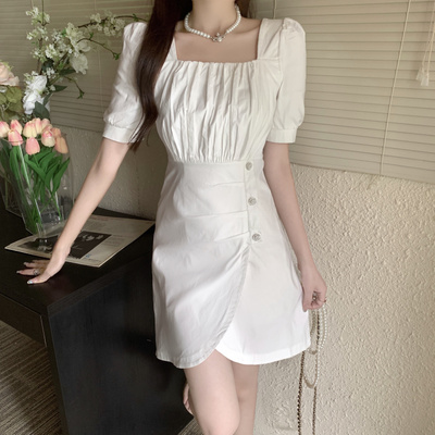 taobao agent White design fitted dress, square neckline, trend of season, plus size, high waist, hip-accented