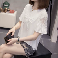 Кружевная летняя модная футболка с коротким рукавом с бантиком, подходит для полных девушек, оверсайз