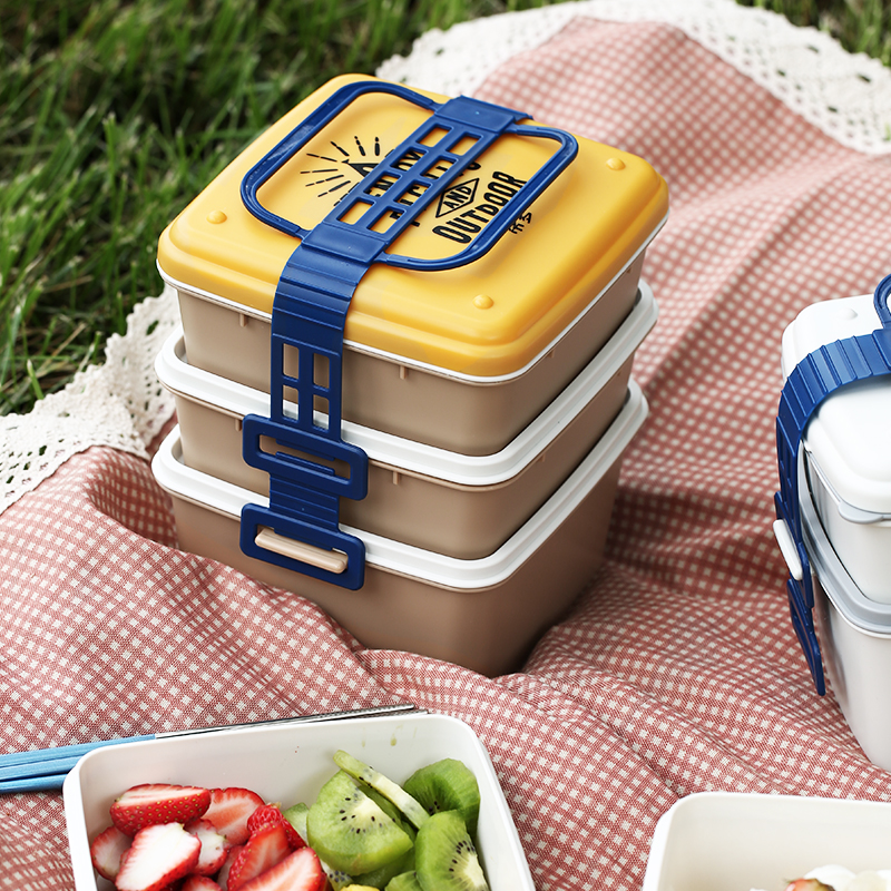 日式便携野餐盒 户外春游大容量便当盒 手提水果多层饭盒餐具盒子
