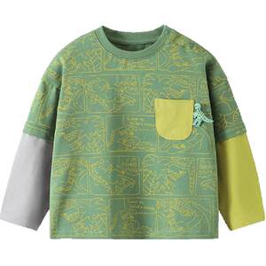 Qiqi Xiong Baby Spring and Autumn T-shirt Long Sleeve Cotton Fake Two-Piece Printed Boys Top Children's 2025 New Style