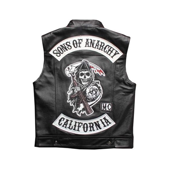 
Son of Chaos Cowhide Skinny Shoulder Standing Collar Slim-fit Men's Vest Multi-Signature Embroidery Club Harley Motorcyclist Vest