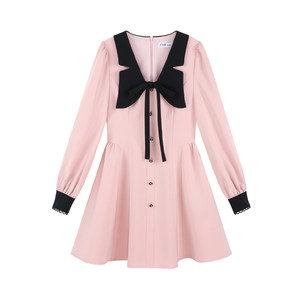 Doll collar pink small fragrance style long-sleeved dress for women's spring clothes sweet French rich girl waisted A-line skirt
