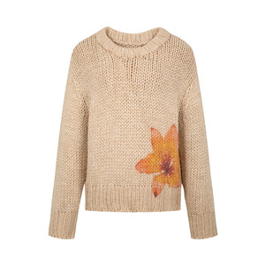 
Cozydoll lazy style retro Icelandic wool floral print round neck thick needle pullover handmade short sweater