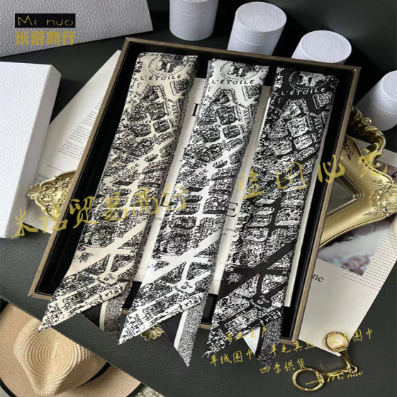 Paris Map Travel Silk Scarf Small Fragrant Style Long Camellia Bundle Ribbon Decorative Streamer Headband C