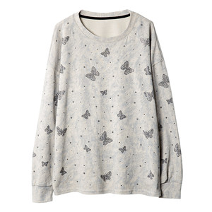 宝诗黎圆领亮丝烫钻宽松卫衣女2026春季韩系慵懒百搭长袖棉质上衣