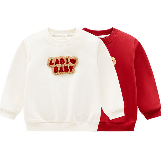 
Rabbi children's round neck top for boys and girls going out for base sweatshirt red 2025 autumn and winter new long-sleeved T-shirt