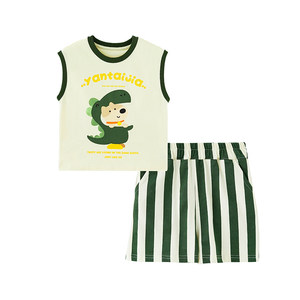 
Inkstone Boys 7A Antibacterial Printed Vest Set Summer New Children's Striped Shorts Baby Cotton Top