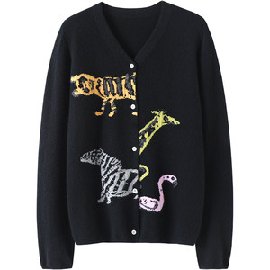 
Highlights! Animal jacquard V-neck cashmere cardigan for women pure cashmere sweater knitted cardigan jacket autumn and winter