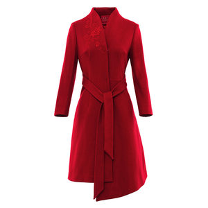 
Mu Zhenlao mid-length windbreaker wool women's coat autumn and winter new V-neck belt New Year red festive 619