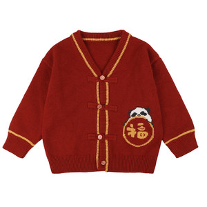 
Boys New Chinese Style Sweater Cardigan Autumn and Winter Children's Knitted Jacket 2026 New Baby Red New Year Clothes 8221