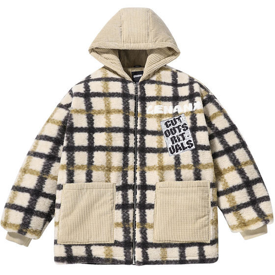 Genanx Lightning Tide Plush Checale Hooded Cotton Coat Men's Winter Fashion Pocket Pocket Lamb Couples Jacket
