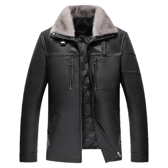 
Beast King Dong cowhide leather jacket genuine leather leather jacket men's vertical lapel men's jacket mink fur collar short down jacket