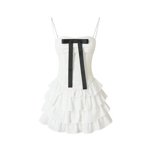 
[Sunset on the Seine] Uena Zhao Meiyan's same white bow lace A-line puffy suspender dress