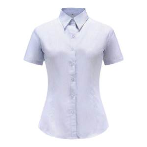 
New women's blue striped shirt lapel short-sleeved concealed button anti-exposure square collar blue striped professional wear large size long sleeve