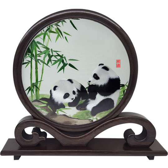 中国美術 熊猫蝙蝠紋樣 細工雙面蜀繍硯屏 置物 インテリア コレクション書