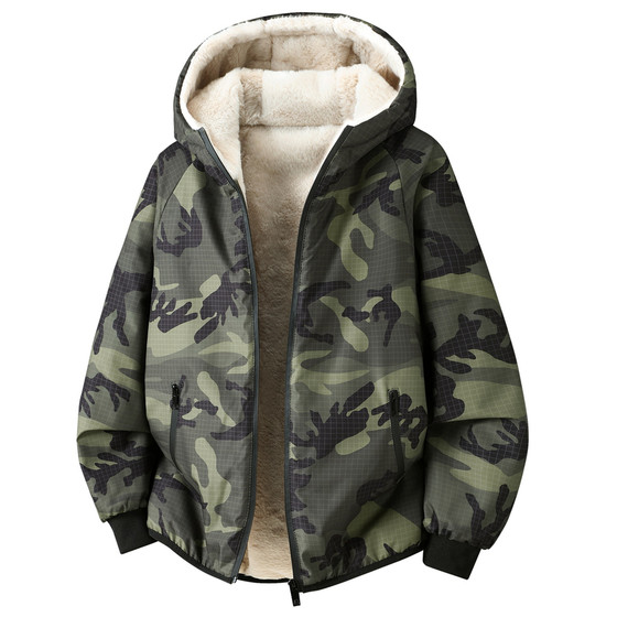
Autumn and winter new camouflage velvet thickened jacket men's trendy cotton jacket hooded plus size warm cotton coat