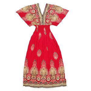 2025 summer ethnic style cotton silk dress bat sleeve floral V-neck a-line slim high waist fairy beach long skirt