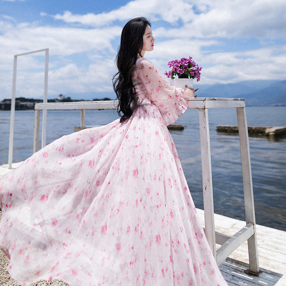 温柔风印花雪纺连衣裙女夏新款碎花裙粉色长裙仙女裙