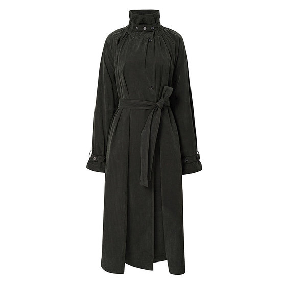 
BCBG25 autumn and winter new fashion and elegant new ruffled stand-up collar raglan sleeves lace-up long women's windbreaker jacket