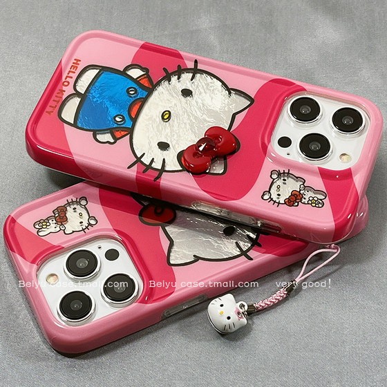 趣味可爱卡通HelloKitty适用苹果15promax手机壳带挂坠iPhone14新款15pro小众11硅胶13女款12创意14pro防摔套