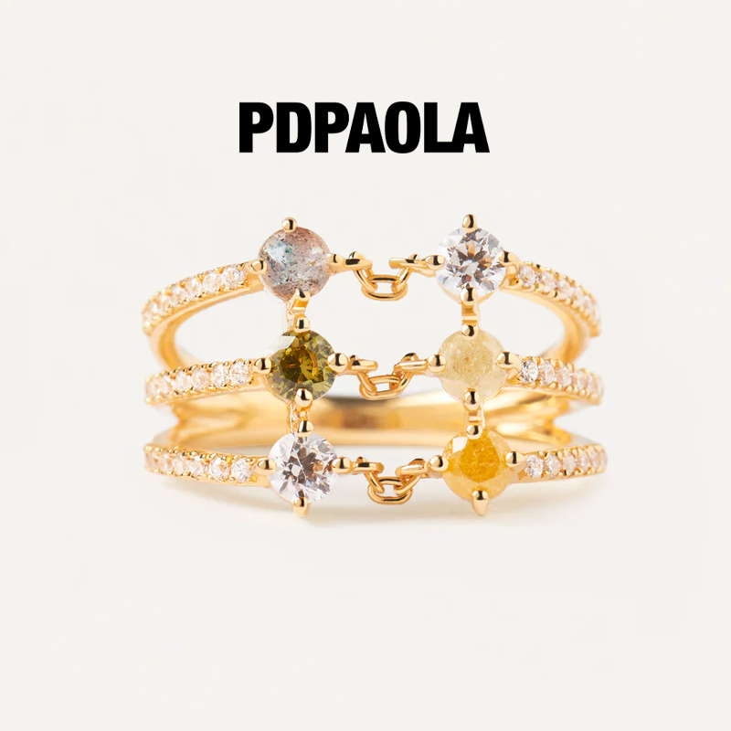 PDPAOLA银镀18k金多巴胺彩色宝石三环叠戴食指戒指女小众设计Juno