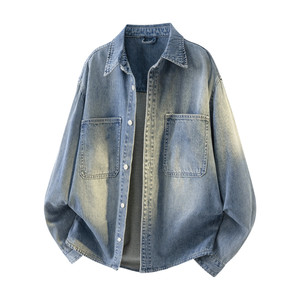 
American high-end upland cotton distressed washed trendy denim shirt for men 2026 spring loose work shirt jacket