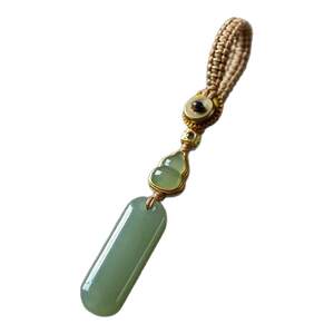 
Natural Hetian jade Ping An Wu Shi brand car keychain light green simple pendant high-end men's and women's necklace pendant