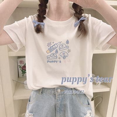 taobao agent Childlike embroidery puppy injection cute girl neckline, white wild short -sleeved T -shirt W