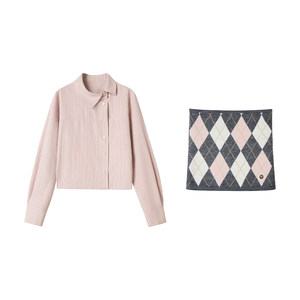 
[Round Music] Uena pink striped asymmetrical diagonal placket shirt diamond plaid slim fit tube top suit