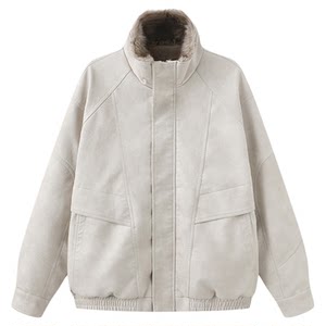 
USHI fashionable splicing cool stand-up collar PU imitation leather casual jacket men's winter velvet jacket