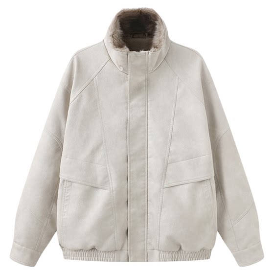 
USHI fashionable splicing cool stand-up collar PU imitation leather casual jacket men's winter velvet jacket