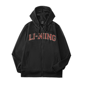 
Li Ning coat for women 2025 spring hot black hooded cardigan sweatshirt slim sporty style shoulder slim body