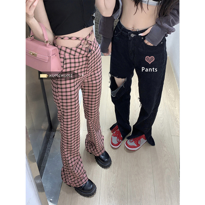 taobao agent Pink colored plaid sexy trousers, high waist